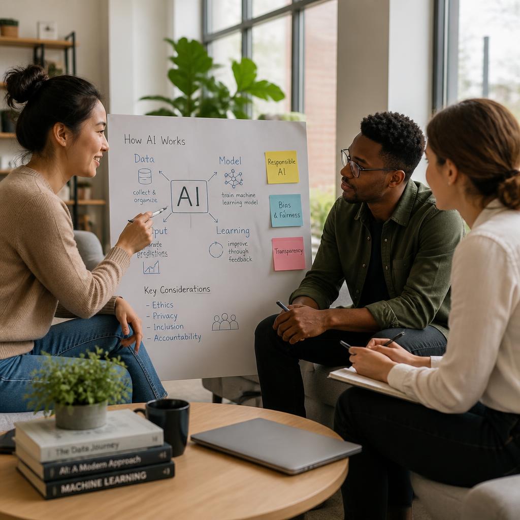 Atelier de formation à l’IA : une formatrice explique le fonctionnement de l’IA sur un tableau à deux participants
